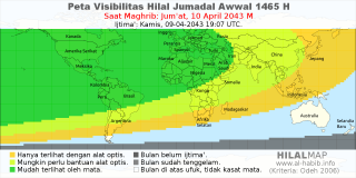 HilalMap: Peta Visibilitas Hilal Jumadal-Awwal 1465 H: rukyat tanggal 2043-4-10 M