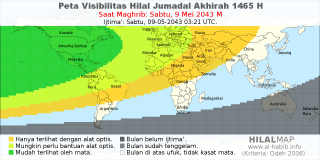 HilalMap: Peta Visibilitas Hilal Jumadal-Akhirah 1465 H: rukyat tanggal 2043-5-9 M