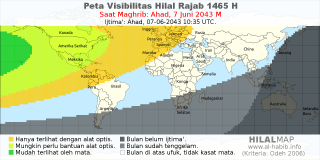 HilalMap: Peta Visibilitas Hilal Rajab 1465 H: rukyat tanggal 2043-6-7 M
