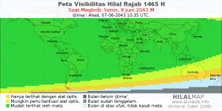 HilalMap: Peta Visibilitas Hilal Rajab 1465 H: rukyat tanggal 2043-6-8 M