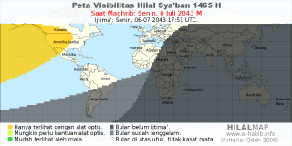HilalMap: Peta Visibilitas Hilal Syaban 1465 H: rukyat tanggal 2043-7-6 M