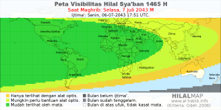HilalMap: Peta Visibilitas Hilal Syaban 1465 H: rukyat tanggal 2043-7-7 M