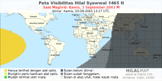 HilalMap: Peta Visibilitas Hilal Syawwal 1465 H: rukyat tanggal 2043-9-3 M