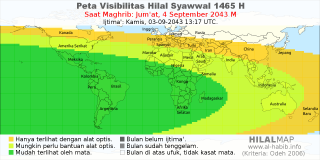 HilalMap: Peta Visibilitas Hilal Syawwal 1465 H: rukyat tanggal 2043-9-4 M