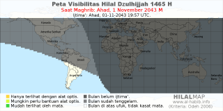 HilalMap: Peta Visibilitas Hilal Dzulhijjah 1465 H: rukyat tanggal 2043-11-1 M
