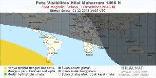 HilalMap: Peta Visibilitas Hilal Muharram 1466 H: rukyat tanggal 2043-12-1 M