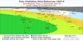 HilalMap: Peta Visibilitas Hilal Muharram 1466 H: rukyat tanggal 2043-12-2 M