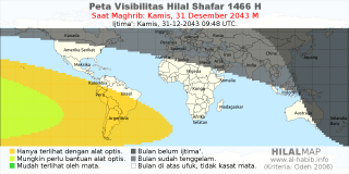 HilalMap: Peta Visibilitas Hilal Shafar 1466 H: rukyat tanggal 2043-12-31 M
