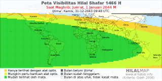 HilalMap: Peta Visibilitas Hilal Shafar 1466 H: rukyat tanggal 2044-1-1 M
