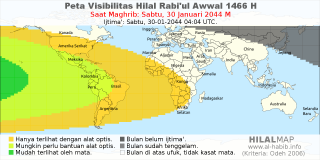 HilalMap: Peta Visibilitas Hilal Rabiul-Awwal 1466 H: rukyat tanggal 2044-1-30 M