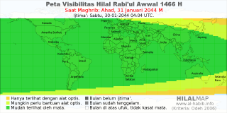 HilalMap: Peta Visibilitas Hilal Rabiul-Awwal 1466 H: rukyat tanggal 2044-1-31 M