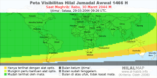 HilalMap: Peta Visibilitas Hilal Jumadal-Awwal 1466 H: rukyat tanggal 2044-3-30 M