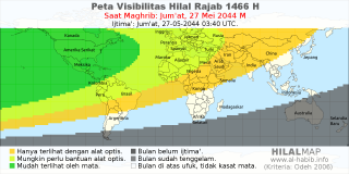 HilalMap: Peta Visibilitas Hilal Rajab 1466 H: rukyat tanggal 2044-5-27 M