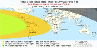HilalMap: Peta Visibilitas Hilal Rabiul-Awwal 1467 H: rukyat tanggal 2045-1-18 M
