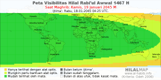 HilalMap: Peta Visibilitas Hilal Rabiul-Awwal 1467 H: rukyat tanggal 2045-1-19 M