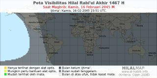HilalMap: Peta Visibilitas Hilal Rabiul-Akhir 1467 H: rukyat tanggal 2045-2-16 M