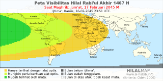 HilalMap: Peta Visibilitas Hilal Rabiul-Akhir 1467 H: rukyat tanggal 2045-2-17 M