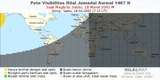 HilalMap: Peta Visibilitas Hilal Jumadal-Awwal 1467 H: rukyat tanggal 2045-3-18 M