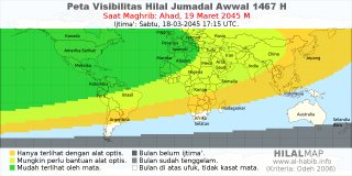 HilalMap: Peta Visibilitas Hilal Jumadal-Awwal 1467 H: rukyat tanggal 2045-3-19 M