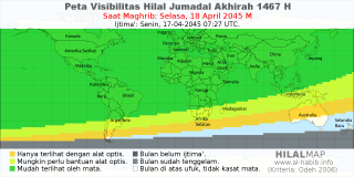 HilalMap: Peta Visibilitas Hilal Jumadal-Akhirah 1467 H: rukyat tanggal 2045-4-18 M
