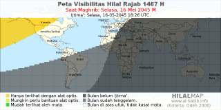 HilalMap: Peta Visibilitas Hilal Rajab 1467 H: rukyat tanggal 2045-5-16 M