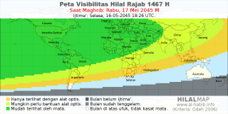 HilalMap: Peta Visibilitas Hilal Rajab 1467 H: rukyat tanggal 2045-5-17 M