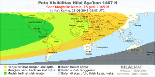 HilalMap: Peta Visibilitas Hilal Syaban 1467 H: rukyat tanggal 2045-6-15 M