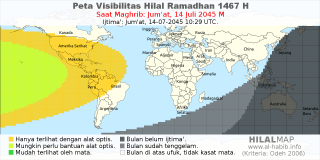 HilalMap: Peta Visibilitas Hilal Ramadhan 1467 H: rukyat tanggal 2045-7-14 M