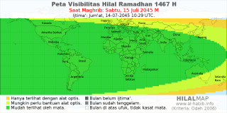 HilalMap: Peta Visibilitas Hilal Ramadhan 1467 H: rukyat tanggal 2045-7-15 M