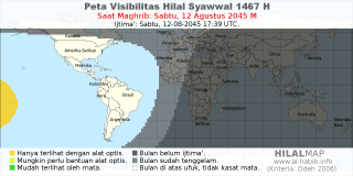 HilalMap: Peta Visibilitas Hilal Syawwal 1467 H: rukyat tanggal 2045-8-12 M