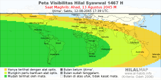 HilalMap: Peta Visibilitas Hilal Syawwal 1467 H: rukyat tanggal 2045-8-13 M