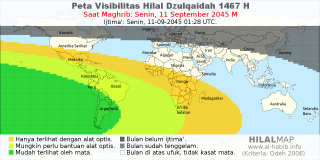 HilalMap: Peta Visibilitas Hilal Dzulqaidah 1467 H: rukyat tanggal 2045-9-11 M