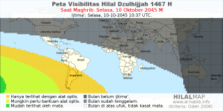 HilalMap: Peta Visibilitas Hilal Dzulhijjah 1467 H: rukyat tanggal 2045-10-10 M