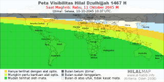 HilalMap: Peta Visibilitas Hilal Dzulhijjah 1467 H: rukyat tanggal 2045-10-11 M