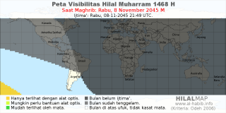 HilalMap: Peta Visibilitas Hilal Muharram 1468 H: rukyat tanggal 2045-11-8 M
