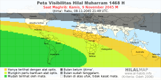 HilalMap: Peta Visibilitas Hilal Muharram 1468 H: rukyat tanggal 2045-11-9 M
