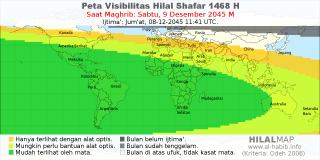 HilalMap: Peta Visibilitas Hilal Shafar 1468 H: rukyat tanggal 2045-12-9 M