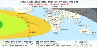 HilalMap: Peta Visibilitas Hilal Rabiul-Awwal 1468 H: rukyat tanggal 2046-1-7 M