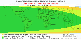 HilalMap: Peta Visibilitas Hilal Rabiul-Awwal 1468 H: rukyat tanggal 2046-1-8 M