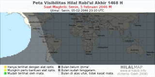 HilalMap: Peta Visibilitas Hilal Rabiul-Akhir 1468 H: rukyat tanggal 2046-2-5 M