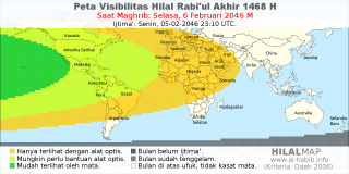 HilalMap: Peta Visibilitas Hilal Rabiul-Akhir 1468 H: rukyat tanggal 2046-2-6 M