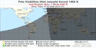 HilalMap: Peta Visibilitas Hilal Jumadal-Awwal 1468 H: rukyat tanggal 2046-3-7 M