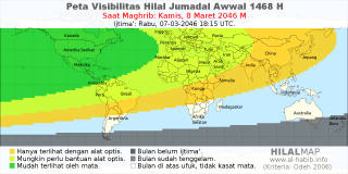 HilalMap: Peta Visibilitas Hilal Jumadal-Awwal 1468 H: rukyat tanggal 2046-3-8 M