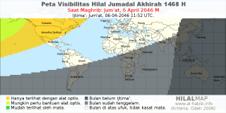 HilalMap: Peta Visibilitas Hilal Jumadal-Akhirah 1468 H: rukyat tanggal 2046-4-6 M