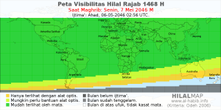 HilalMap: Peta Visibilitas Hilal Rajab 1468 H: rukyat tanggal 2046-5-7 M