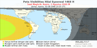 HilalMap: Peta Visibilitas Hilal Syawwal 1468 H: rukyat tanggal 2046-8-2 M