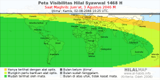 HilalMap: Peta Visibilitas Hilal Syawwal 1468 H: rukyat tanggal 2046-8-3 M