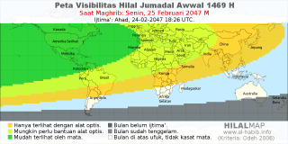 HilalMap: Peta Visibilitas Hilal Jumadal-Awwal 1469 H: rukyat tanggal 2047-2-25 M