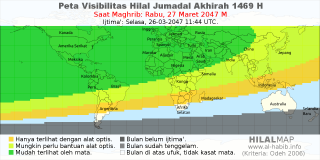 HilalMap: Peta Visibilitas Hilal Jumadal-Akhirah 1469 H: rukyat tanggal 2047-3-27 M