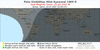 HilalMap: Peta Visibilitas Hilal Syawwal 1469 H: rukyat tanggal 2047-7-22 M